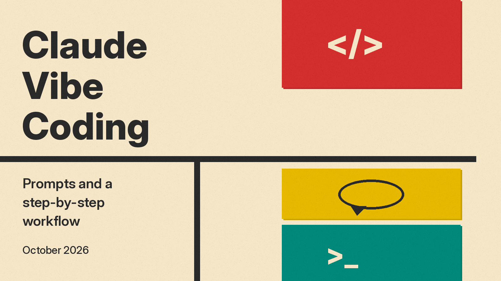 Olivetti-style cover: Claude Vibe Coding title on cream paper with red, mustard, and teal blocks