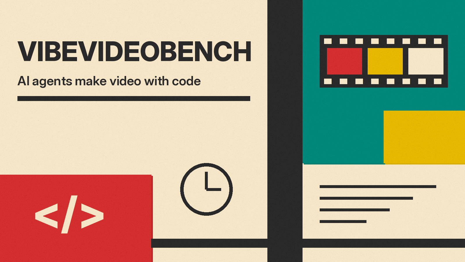 Olivetti-style poster reading VibeVideoBench, with a film strip, a code bracket block and a clock on cream paper