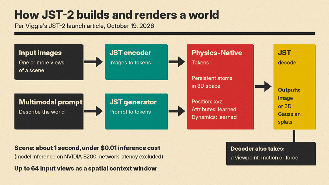 Diagram of the JST-2 pipeline: input images go through the JST encoder, or a multimodal prompt goes through the JST generator, to Physics-Native Tokens with xyz position, attributes and dynamics, which the JST decoder turns into an image or 3D Gaussian splats using a viewpoint and motion or force input