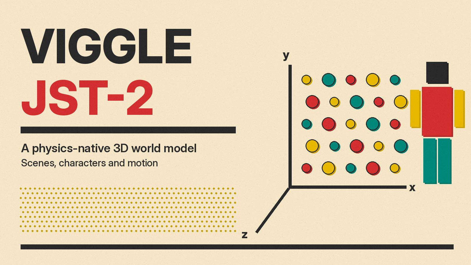 Olivetti-style poster with the title Viggle JST-2, a grid of 3D atoms with xyz axes, and a simple figure built from blocks on a cream background