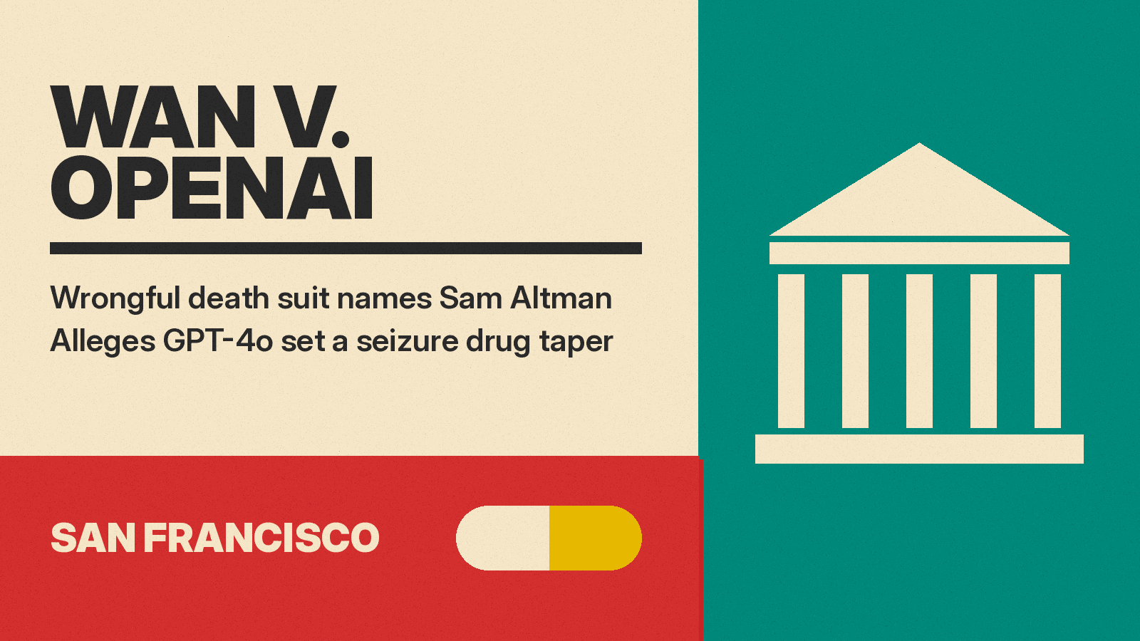 Olivetti-style poster with the title WAN V. OPENAI, a courthouse column icon and a pill icon on cream paper