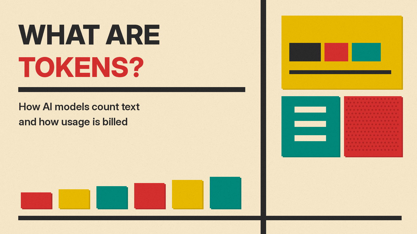 Olivetti-style cover reading WHAT ARE TOKENS? on cream paper, with three token chips on a mustard block, text lines on teal and a red halftone block.