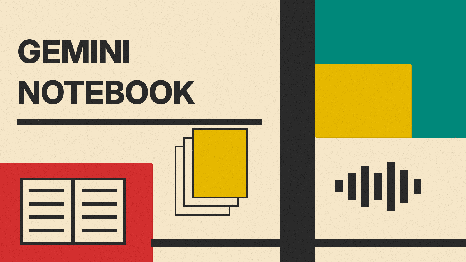 Olivetti-style cover reading Gemini Notebook, with an open notebook, a document stack and a speech wave icon on red, mustard and teal blocks