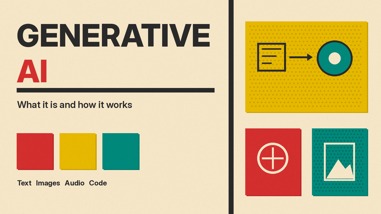 Olivetti-style cover reading GENERATIVE AI on cream paper, with a document-to-model icon and red, mustard and teal blocks.