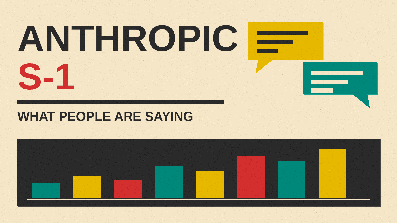 Olivetti-style cover reading Anthropic S-1, What People Are Saying, with speech bubbles over a block chart