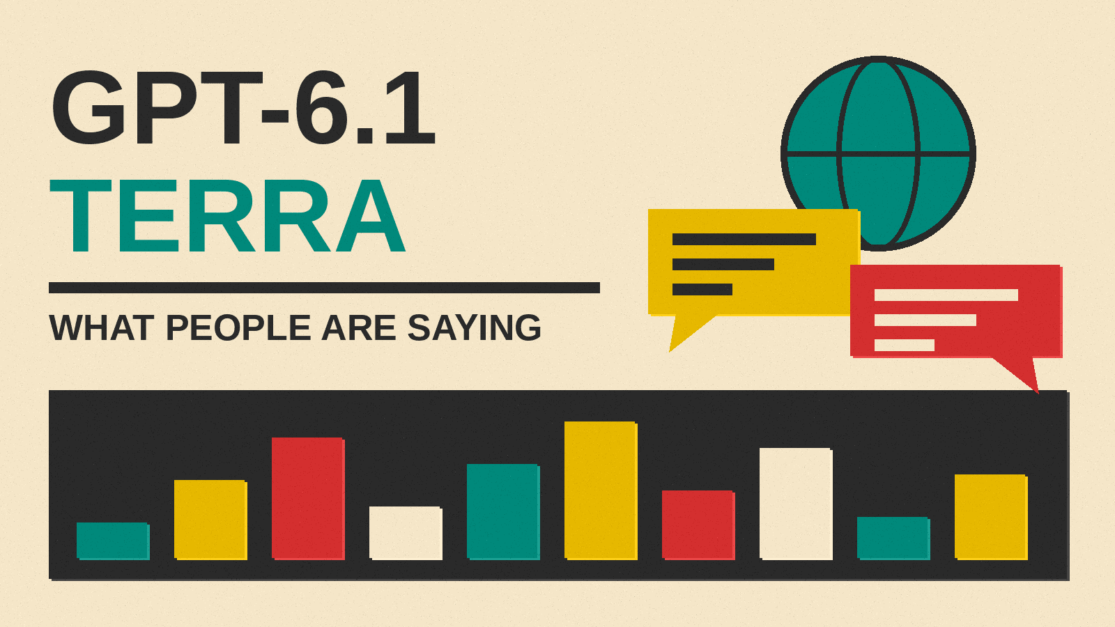 Olivetti-style cover reading GPT-6.1 Terra, What People Are Saying, with speech bubbles and a row of colored bars
