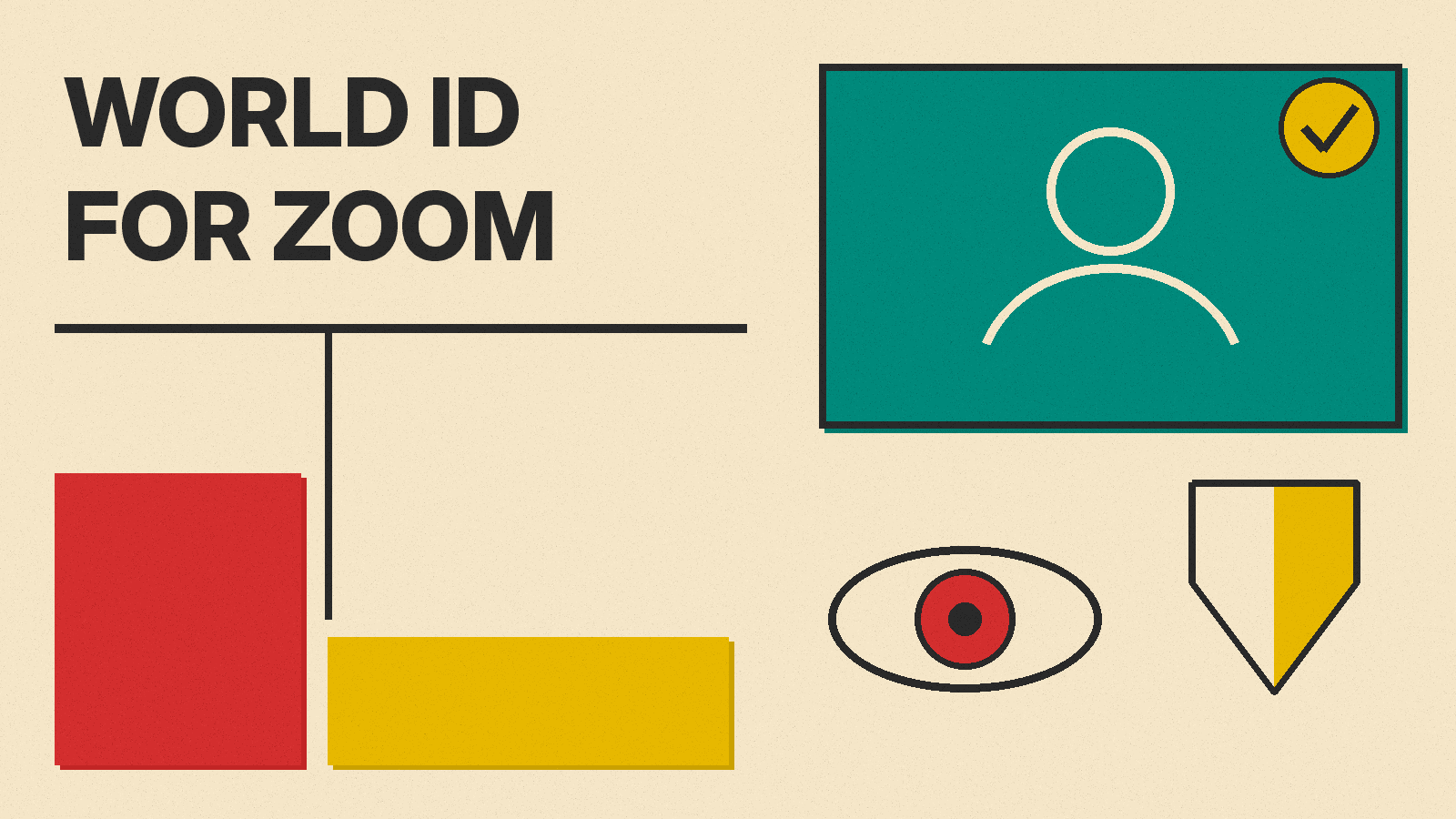 Olivetti-style cover with the title WORLD ID FOR ZOOM, a video call tile with a check badge, an eye icon and a shield in red, mustard and teal blocks