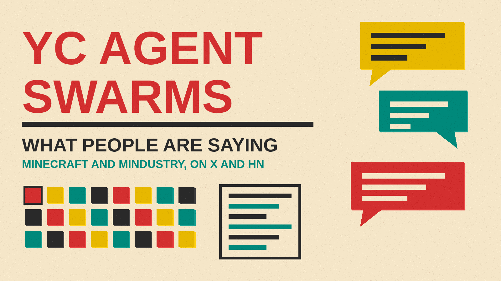 Olivetti-style cover reading YC Agent Swarms, What People Are Saying, with a grid of small agent blocks, a ledger page and speech bubbles